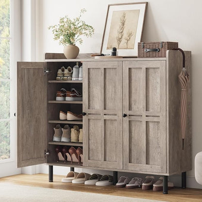 5+2 Tier Shoe Storage Cabinet with 3 Doors, 40" Tall Entryway Cabinet for 30 Pairs Shoe, Shoe Rack Organizer with 5 Adjustable Shelves & Metal Legs, Shoe Storage for Front Door Entrance, Washed Gray