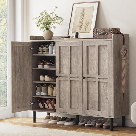 5+2 Tier Shoe Storage Cabinet with 3 Doors, 40" Tall Entryway Cabinet for 30 Pairs Shoe, Shoe Rack Organizer with 5 Adjustable Shelves & Metal Legs, Shoe Storage for Front Door Entrance, Washed Gray