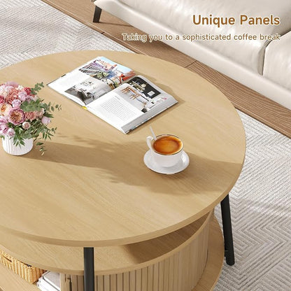 31.5 Inch Round Coffee Table with Storage, Fluted Coffee Tables with 2 Tiers, Mid-Century Modern Center Table with 2 Sliding Doors and Adjustable Footpad for Living Room, Oak