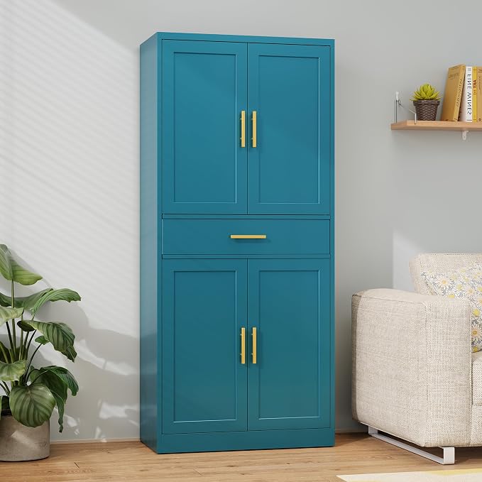 Metal Kitchen Pantry Cabinet, 71"Tall Cabinet with 1 Drawer, Doors and 2 Adjustable Shelves, Pantry Cabinets for Kitchen Storage, Metal Storage Cabinet for Kitchen, Dining Room, Living Room- Blue