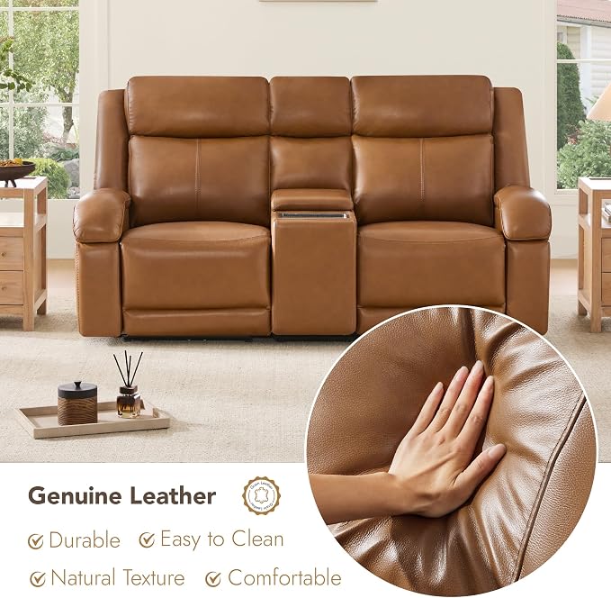 Watson & Whitely Genuine Leather Power Loveseat Recliner Sofa, Wall Hugger Loveseat Reclining Sofa with Storage Console, Power Headrest, Cup Holders, Dual Recliners for Living Room, RV, Saddle Brown