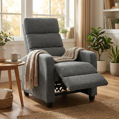 Furnimart Small Manual Recliner Chair for Compact Spaces, Overstuffed Chenille, Chunky Cushion, Comfortable Single Sofa Recliner for Adults, Ideal for Living Room, Bedroom, Home Theater, Gray