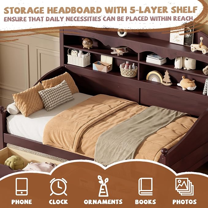 Merax Twin Daybed with Storage Drawers, Wood Twin Day Bed with 3-Tier Storage Headboard Shelves, Retro Style Twin-Size Daybed for Bedroom Guest Room, No Box Spring Needed, Easy Assembly, Espresso