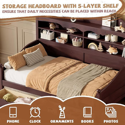 Merax Twin Daybed with Storage Drawers, Wood Twin Day Bed with 3-Tier Storage Headboard Shelves, Retro Style Twin-Size Daybed for Bedroom Guest Room, No Box Spring Needed, Easy Assembly, Espresso