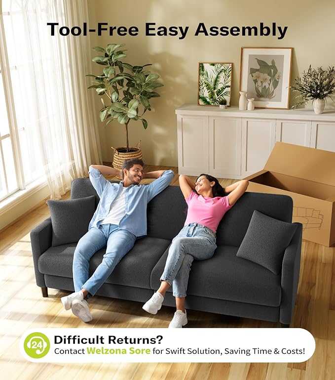 Welzona 83" Couches for Living Room, Teddy Sofa Couch, Comfy Sofas for Living Room, Tool-Free Setup Loveseat Sofa, All-Wood Love Seat Couches, Small Couch 2 Pillows Included, Grey