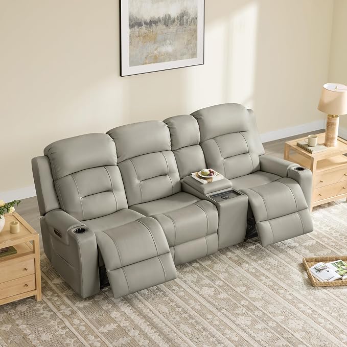 Watson & Whitely Genuine Leather Power Recliner Sofa, Lay Flat Reclining Sofa with Storage Console, Power Headrest & Cup Holders, 3 Seater Electric Reclining Couch for Living Room, Grey