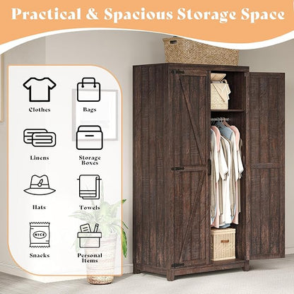 AMERLIFE Farmhouse Armoire Wardrobe Closet with 2 Barn Doors, 71'' Storage Cabinet with Hanging Rod & Shelf, Versatile Clothing Storage for Bedroom, Espresso