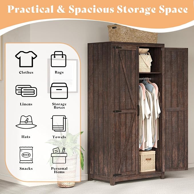 AMERLIFE Set of 2 Farmhouse Armoire Wardrobe Closet with 2 Barn Doors, 71'' Storage Cabinet with Shelf & Hanging Rod, Versatile Clothing Storage for Bedroom, Espresso