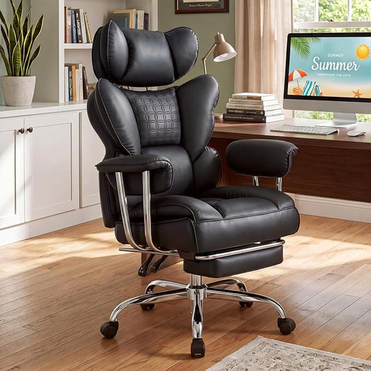 DUMOS Big and Tall Office Chair 400 LBS, Scratch-Resistant PU Leather Executive Office Desk Chair with Footrest, Ergonomic Reclining Computer Chairs with Pocket Spring Support, Black