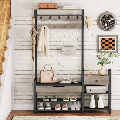 HOOBRO Hall Tree with Bench, Shoe and Coat Rack for Entryway, Coat Rack with Bench, Flip Top Storage Box, PU Cushioned Seat, Non-Woven Fabric Drawer, for Entrance, Greige and Black BG110MT01