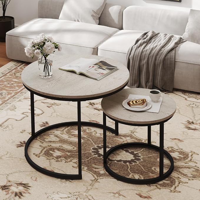 Otterease Nesting Tables Set of 2, Round Coffee Table, Small Nesting Coffee Table with Adjustable Non-Slip Fee, Wood Grain Top Nesting Tables for Living Room, Bedroom (Wood Grain Grey)