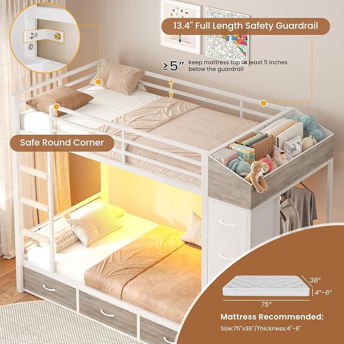 VIAGDO Bunk Bed Twin Over Twin with 8 Storage Drawers and Power Outlets, LED Twin Bunk Beds with Hall Tree and Shelves, Metal Bunk Beds with Safety Guardrail & Ladder for Dorms, Kids, White