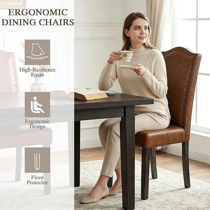 LSSBOUGHT PU Dining Chair Upholstered Parsons Kitchen Chair with Copper Nails and Solid Wood Legs for Dining Room,Restaurant (Brown, 4PCS)