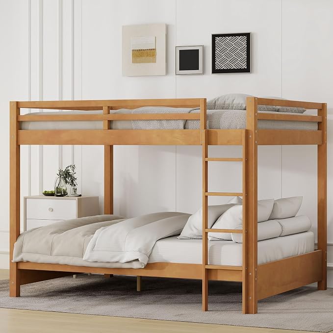 Bellemave Queen Over Queen Size Bunk Bed for Kids/Adults,Solid Wood Bunk Bed Frame Queen Size with Ladder & Safety Guardrails,Wood Color