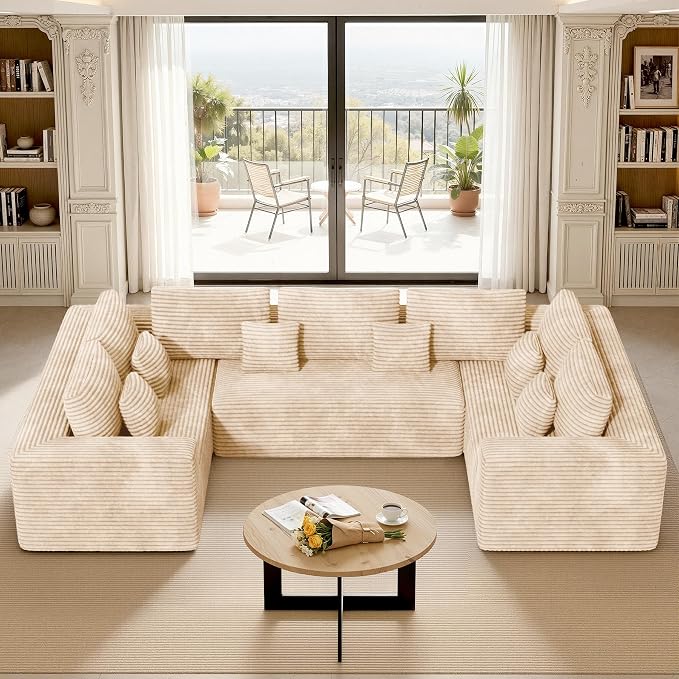 Luxanimarion 136'' Sectional Cloud Couches with Chaise, U Shaped Boneless Oversized 6 Seater Sofa, No Assembly Required Deep Seat Lounge for Living Room 3PCS Set, Bedroom(Khaki)