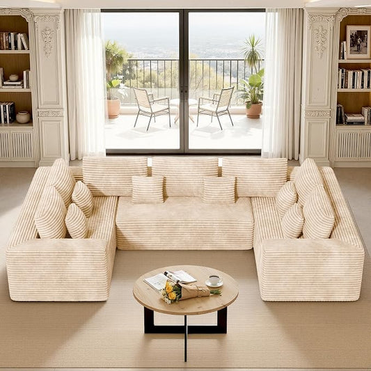 Luxanimarion 136'' Sectional Cloud Couches with Chaise, U Shaped Boneless Oversized 6 Seater Sofa, No Assembly Required Deep Seat Lounge for Living Room 3PCS Set, Bedroom(Khaki)
