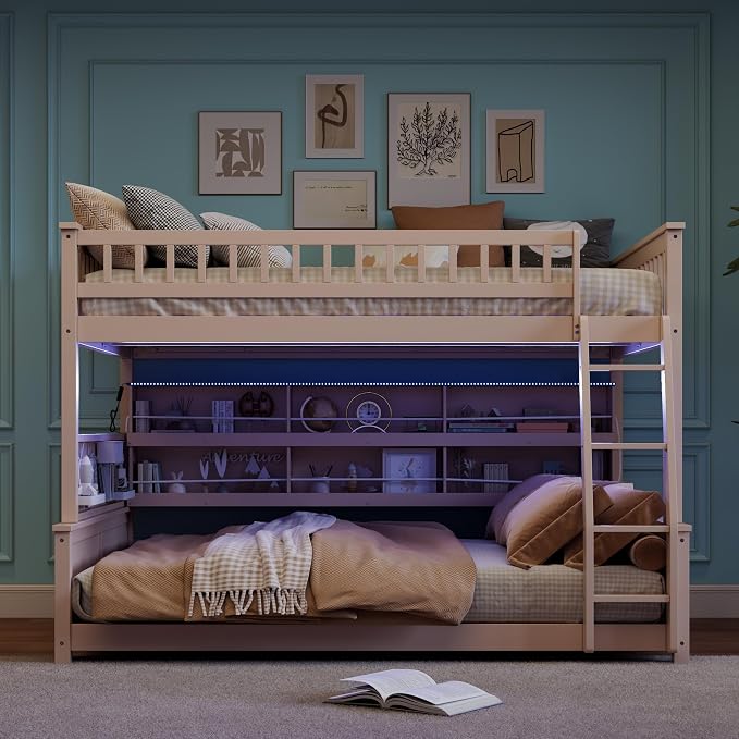 Full XL Over Queen Bunk Bed, Wood Bunk Bed with Integrated Shelving, Color-Changing Lights and Pegboard for Kids Teens Adults, Beige