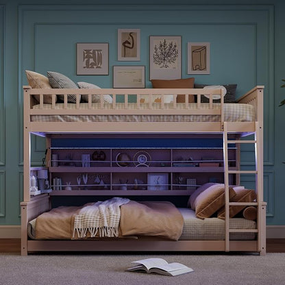 Full XL Over Queen Bunk Bed, Wood Bunk Bed with Integrated Shelving, Color-Changing Lights and Pegboard for Kids Teens Adults, Beige