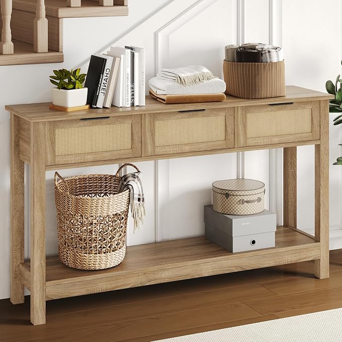 Luoxiao Rattan Console Table 3-Drawer 47" Narrow Wood Entryway Sofa Table | Trendy Boho Hallway Foyer Storage, Open Shelf, Sturdy Entry Table for Living Room, Couch, Easy Assembly, Anti-Tip, Natural