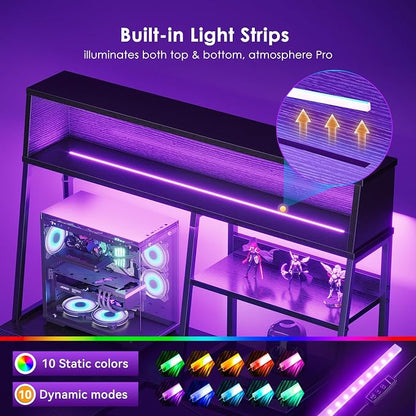 AODK L Shaped Gaming Desk with Led Lights, 59 Inch Reversible Gaming Computer Desk with Display Shelves, PC Gamer Desk Gamer Table with Storage Bag, L Desk for Game, Black