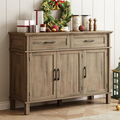 ONBRILL 48 Inch Buffet Cabinet with Storage, Farmhouse Sideboard Buffet w/2 Drawers and 3 Doors, Coffee Bar Cabinet with Adjustable Shelves, Sideboard Storage for Kitchen, Living Room, Washed Grey