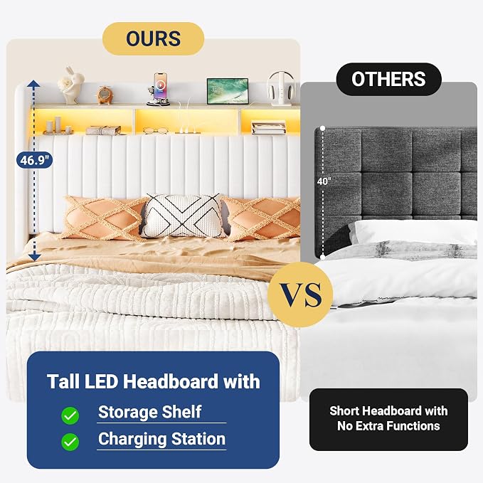 Allewie King Size Lift Up Hydraulic Storage Bed Frame, 2-Tier Shelf Headboard with LED Lights and Charging Station, USB and Type C Ports, Wingback Velvet Headboard, No Box Spring Needed, White
