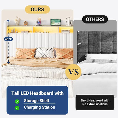 Allewie King Size Lift Up Hydraulic Storage Bed Frame, 2-Tier Shelf Headboard with LED Lights and Charging Station, USB and Type C Ports, Wingback Velvet Headboard, No Box Spring Needed, White