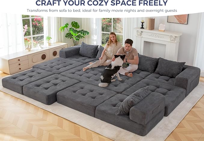 MAXYOYO Modular Sectional Sofa Couch, Foldable U Shaped Cloud Couch with Pillows, Tufted 7-Seat Boneless Lounger Floor Sofa Bed for Living Room, No Assembly Required, Dark Grey