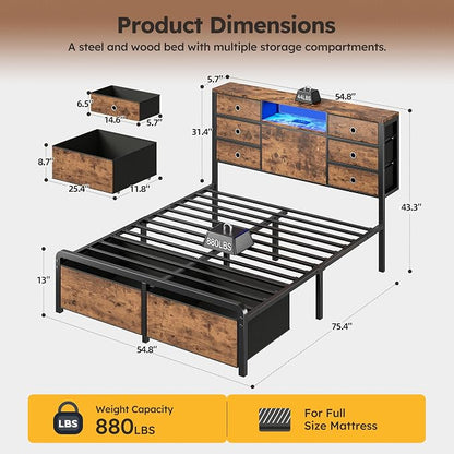 Homkdom Full Size Bed Frame with 8 Fabric Drawers Storage, LED Lights & Charging Station, Metal Platform Bed Frame with Headboard Storage Providing Noise-Free and Easy Assembly,Modern Brown
