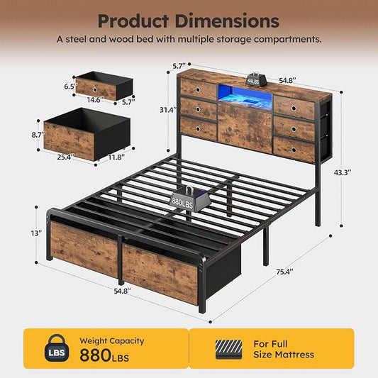 Homkdom Full Size Bed Frame with 8 Fabric Drawers Storage, LED Lights & Charging Station, Metal Platform Bed Frame with Headboard Storage Providing Noise-Free and Easy Assembly,Modern Brown
