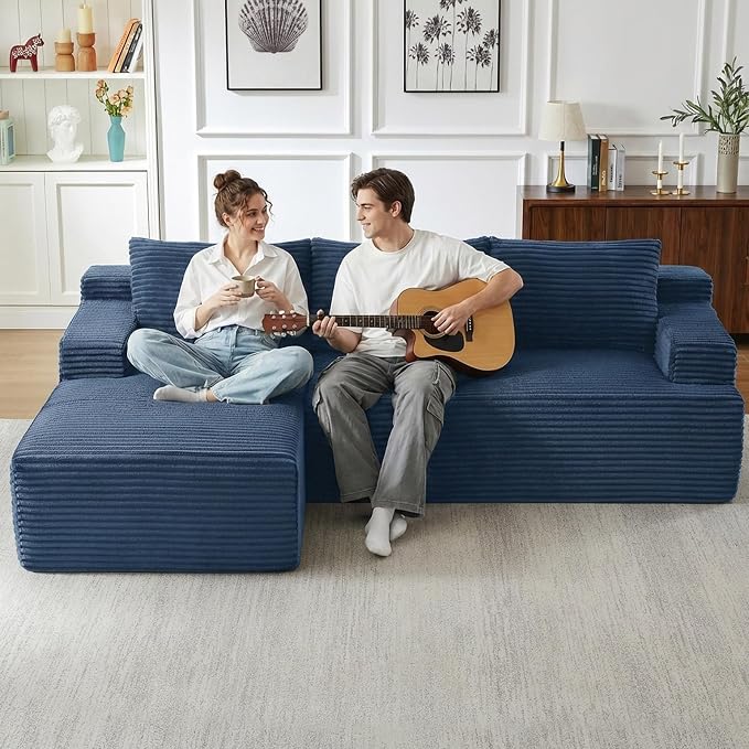 96" Cloud Sectional Couch with L-Shape Chaise, Modular Comfy Sofa Chaise Longue, Upholstered Corduroy Couches Sleeper with Deep Seat for Living Room Bedroom, No Assembly Required(Blue, Left Facing)
