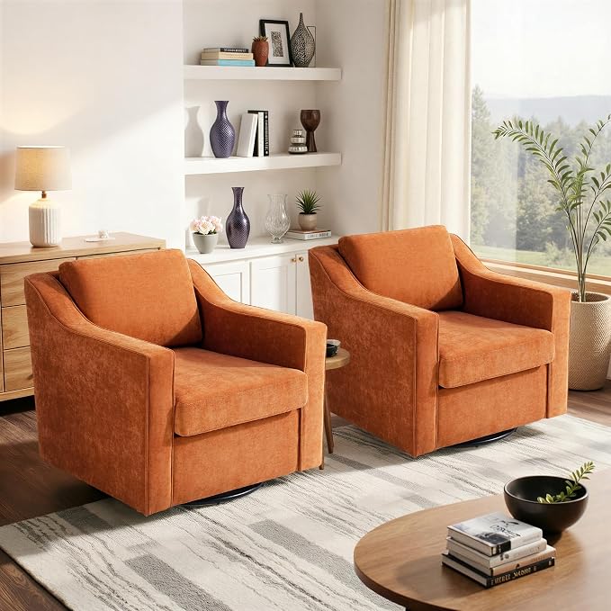 Swivel Accent Chair, Modern Round Barrel Arm Chair for Living Room, Bedroom, Comfy Club Reading Chairs for Adults - Chenille Orange
