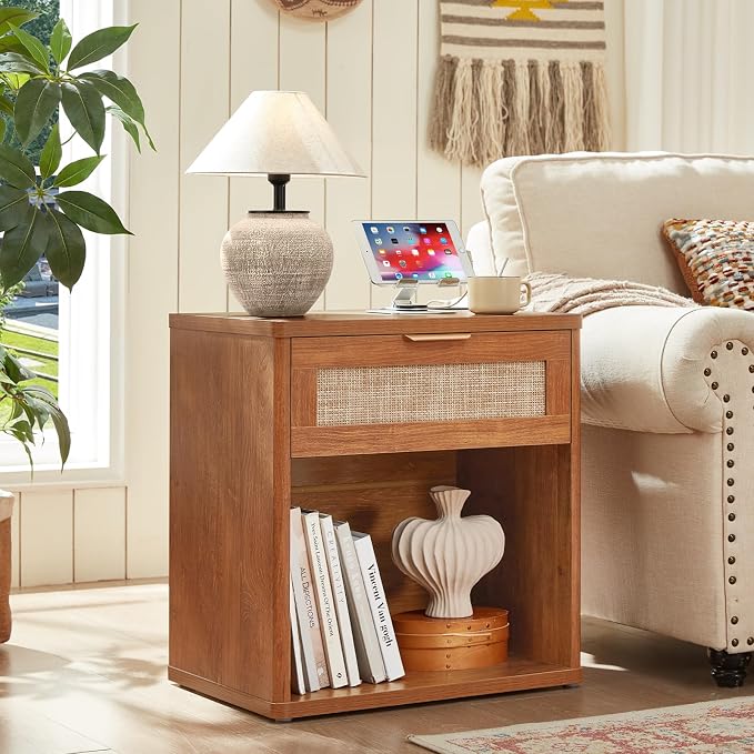 LEYAOYAO Rattan Nightstand with Charging Station, Tea Brown Night Stand with Drawer, 23" Wide Boho Bedside Table with Storage Shelf, Bed Side End Tables for Bedroom, Living Room, Hallway