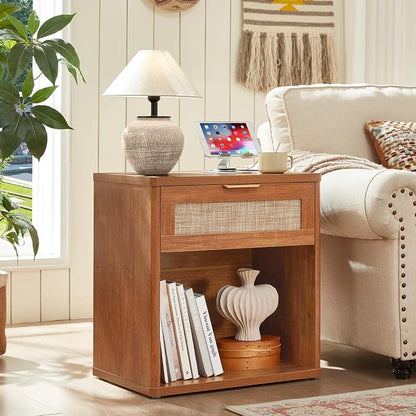 LEYAOYAO Rattan Nightstands Set of 2 with Charging Station, Tea Brown Night Stand with Drawer, 23" Wide Boho Bedside Table with Storage Shelf, Bed Side End Tables for Bedroom, Living Room, Hallway