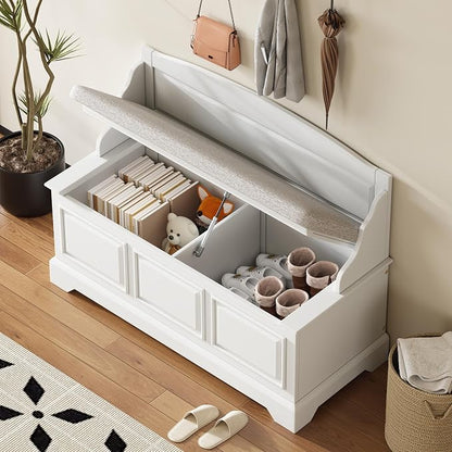 Knocbel Rustic Entry Storage Bench with Hidden Compartments and Removable Cushion, Wooden Entryway Hallway Foyer Shoe Bench Bedroom End of Bed Bench (White)
