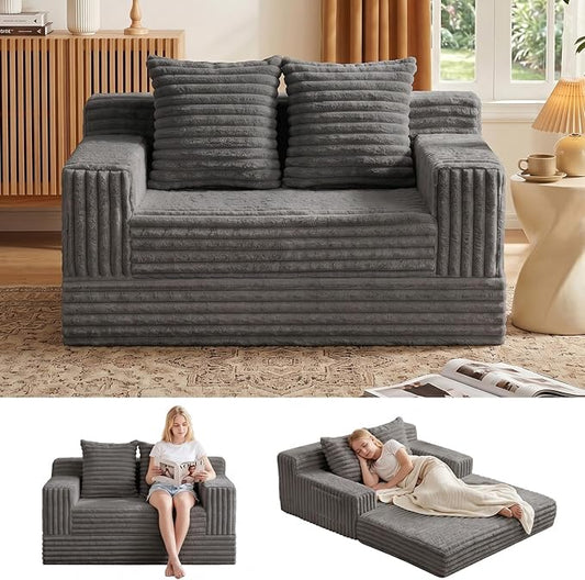 Erament Boneless Loveseat Convertible Sofa Bed, Folding Floor Futon Sleeper Sofa Couch Bed- Boneless Foldable Couch, Corduroy Pull Out Sofa Bed with 2 Pillows for Living Room & Bedroom