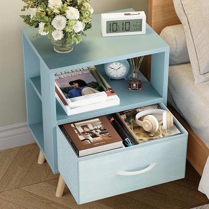 Huhote Kids Nightstand, 2-Tier Night Stand with Drawer, Modern Side Table for Bedroom, Study Room, Small Spaces, Blue