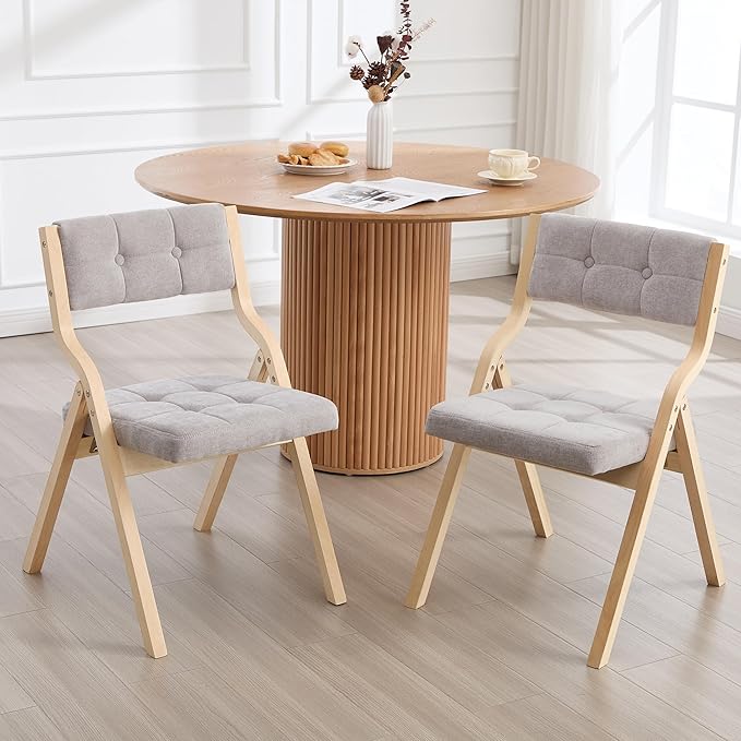 2-Pack Folding Dining Chairs with Cushion,Padded Foldable Dining Chairs,Portable Wooden Folding Chairs with Tufted Buttons Seat for Dining Rooms Kitchen Wedding and Party Indoor Lightgrey