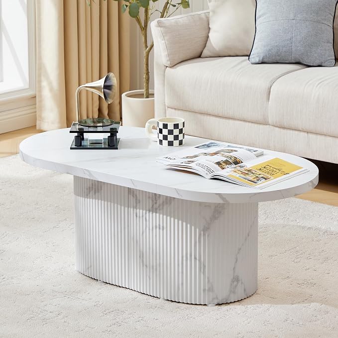 Oval Coffee Table, Modern Faux Marble Wood Coffee Table, Small Fluted Center Tea Table for Living Room,White