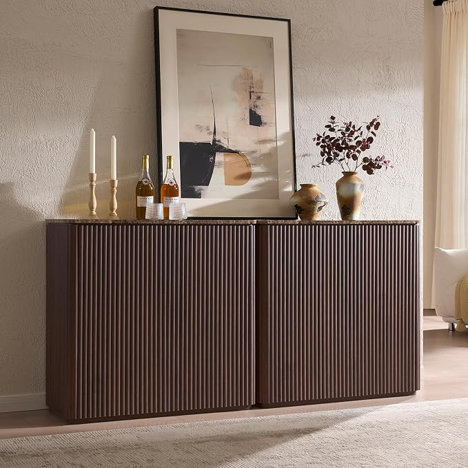 Fluted 2 Doors Sideboard Cabinet with Storage, 34" Wooden Credenza with Shelves, Faux Marble-Top Coffee Bar Console, Modern Buffet Cabinet for Dining, Kitchen, Living Room, Entryway, Dark Oak, 2pcs