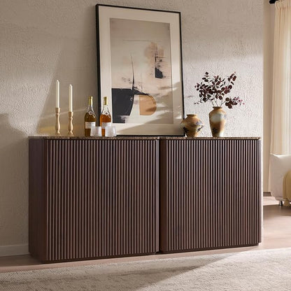 Fluted 2 Doors Sideboard Cabinet with Storage, 34" Wooden Credenza with Shelves, Faux Marble-Top Coffee Bar Console, Modern Buffet Cabinet for Dining, Kitchen, Living Room, Entryway, Dark Oak, 2pcs