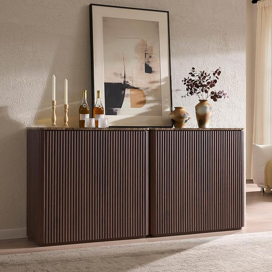 Fluted 2 Doors Sideboard Cabinet with Storage, 34" Wooden Credenza with Shelves, Faux Marble-Top Coffee Bar Console, Modern Buffet Cabinet for Dining, Kitchen, Living Room, Entryway, Dark Oak, 2pcs