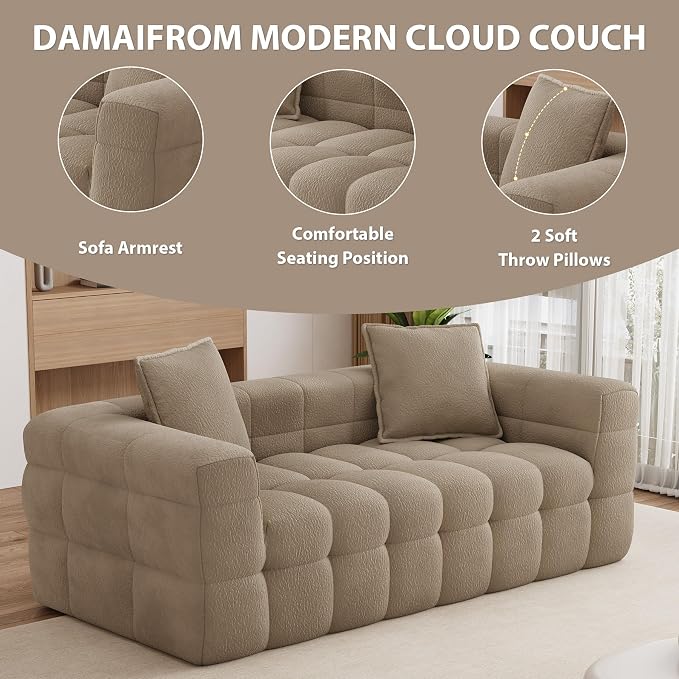 68.7" Loveseat Boneless Couch,Comfy Cloud Sectional Sofa with Deep Seat,Modern Upholstered Chenille Love Seat Sofa, Small Couches for Living Room, No Assembly Required Tufted Sofas, Light Brown