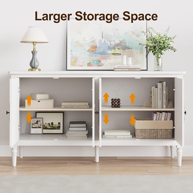RoyalCraft 118" Buffet Cabinet with Storage, Vintage Sideboard with Adjustable Shelves, Mid Century Modern Painted Credenza Coffee Bar for Kitchen, Dining Room, Entryway, Living Room, Satin White