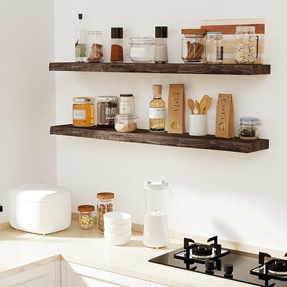 Vivelove Live Edge Floating Shelves 36 inch Long, Elm Wood Wall Display Shelf with Invisible Bracket for Living Room Bedroom Bathroom Office, Rustic Farmhouse, Solid Wood Set of 2 - Dark Walnut