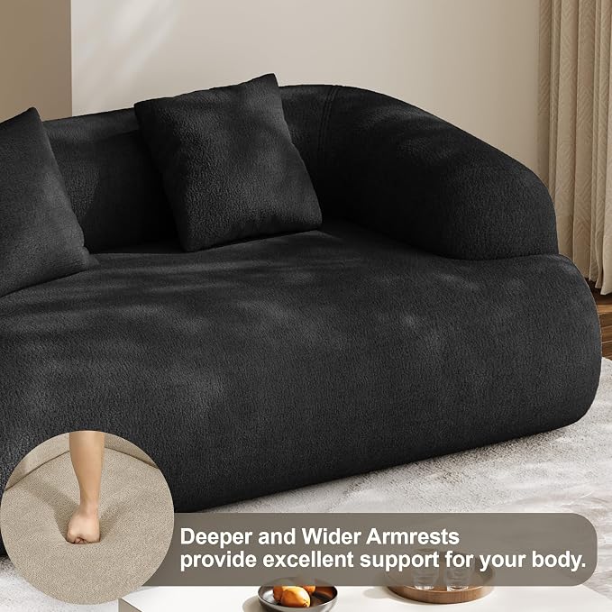 75" Boneless Cloud Loveseat, Modern Cute Curved Chenille Sofa, 2 Seater Compression Couch with 2 Pillows, No Assembly Required for Apartment Living Room, Black