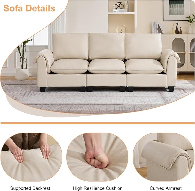 96" Faux Leather Modular Sectional Upholstered Sofa, Oversized 3 Seater Couch with Curved Armrests, Cloud Modern Upholstered Deep Seat Sofa for Living Room, Beige