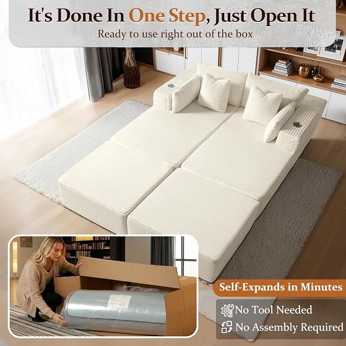 72" Cloud Sectional Couch, Comfort Sleep Sofa for Living Room, Extra Deep Seats No Assembly, Minimalist Modular Couch, Corduroy (Cream, Extend Loveseat Chaise)