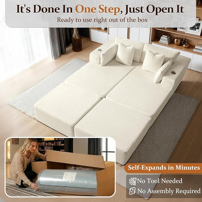 72" Cloud Sectional Couch, Comfort Sleep Sofa for Living Room, Extra Deep Seats No Assembly, Minimalist Modular Couch, Corduroy (Cream, Extend Loveseat Chaise)