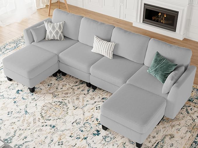 Modular Sectional Sofa, 6 Seaters Modular Sleeper Sofa Couch, Comfy Sectionals Couches Bed, Convertible Sofas with Ottomans, Sectional Couches for Living Room, Light Grey